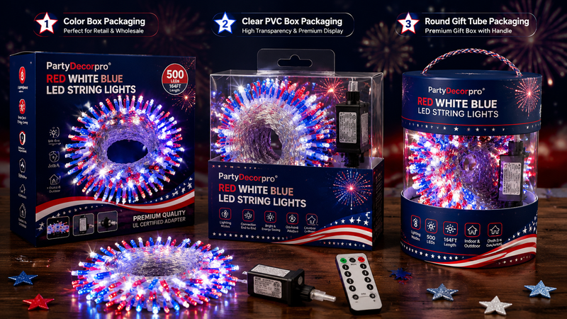LED string lights packaging options showing color box PVC box and cylindrical tube box designs with red white blue holiday lighting set