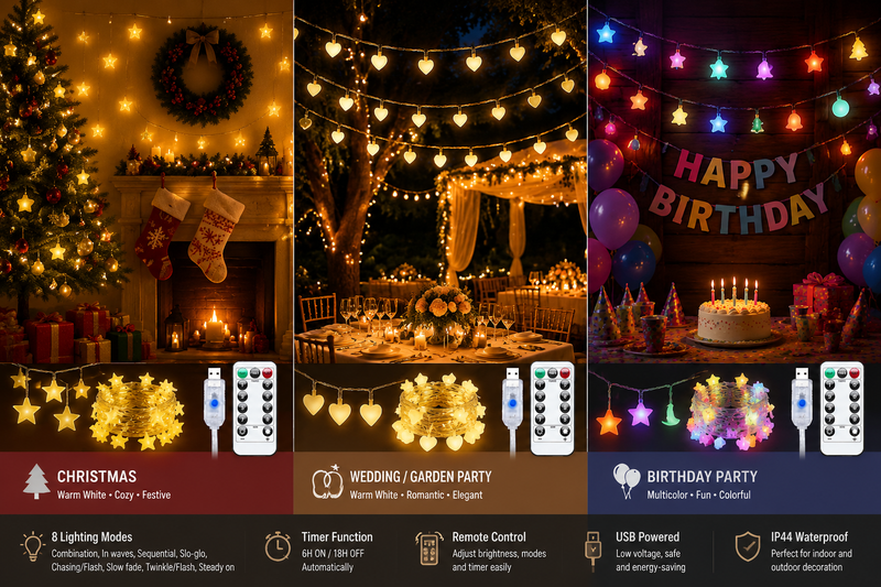 Warm white LED string lights with multi shape bulbs glowing in festive indoor decorative setting with remote control