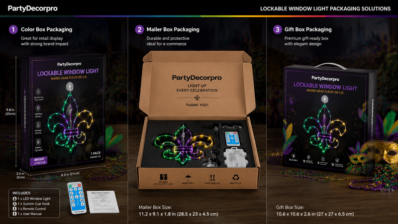 LED window light packaging display showing color box mailer box and gift box custom branding solutions
