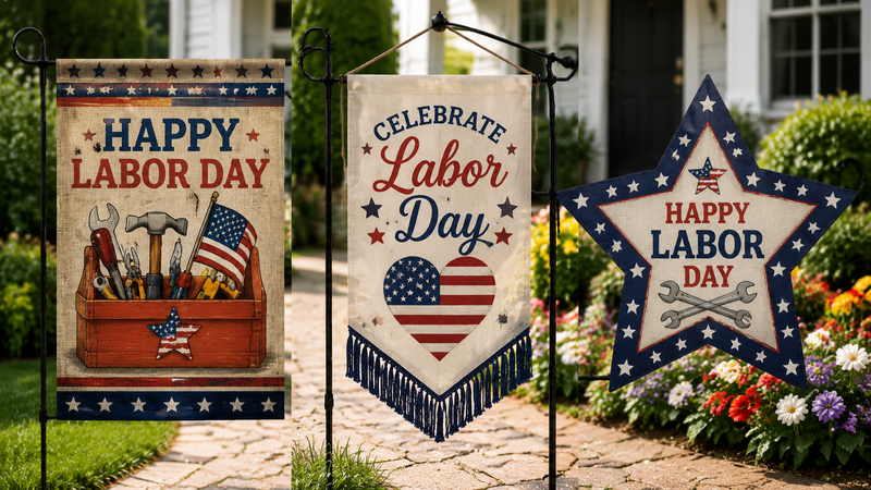 Labor Day garden flag featuring patriotic tools and USA flag design displayed on outdoor yard flag stand in garden setting