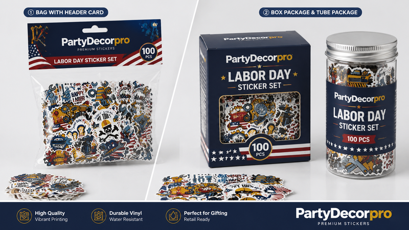 Labor Day sticker set packaging options showing bag with header card, box and tube jar formats for wholesale retail display