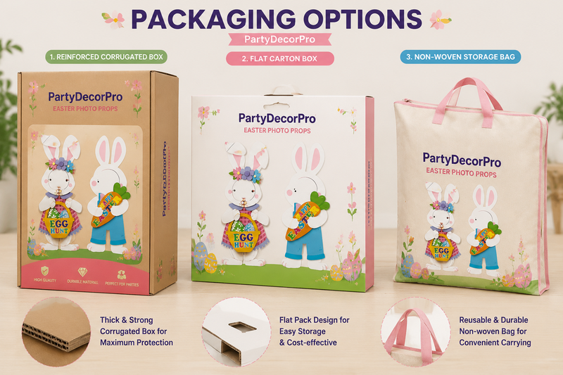 Large product packaging options including corrugated box, flat carton box and reusable fabric bag for party props in a clean infographic layout