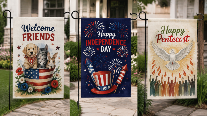 Three linen garden flags featuring Juneteenth, Christmas and Mardi Gras themed outdoor decorative yard flag designs displayed on stands