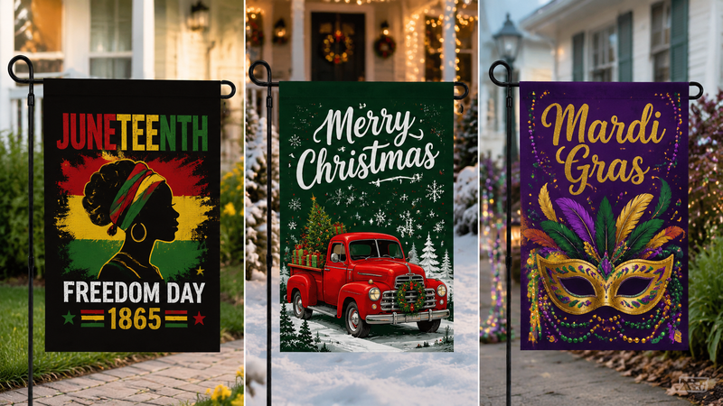 Three seasonal linen garden flags featuring Juneteenth, Christmas and Mardi Gras themed outdoor decorative yard flag designs on stands