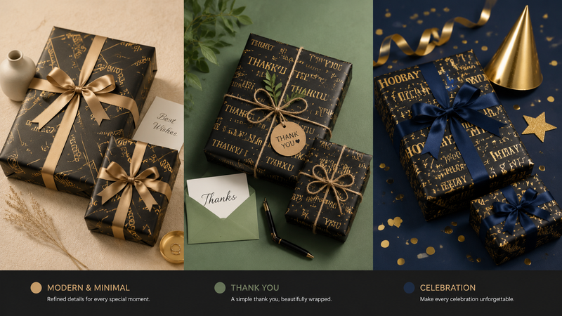 Black and gold birthday wrapping paper roll with metallic foil typography, luxury gift packaging material, customizable festive design options