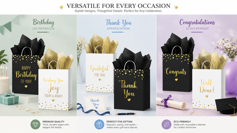 Black white gold gift bags set with tissue paper for celebrations customizable packaging