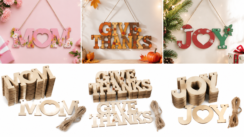 MOM wooden DIY hanging ornaments craft kit laser cut unfinished wood letters with twine for Mother’s Day decoration