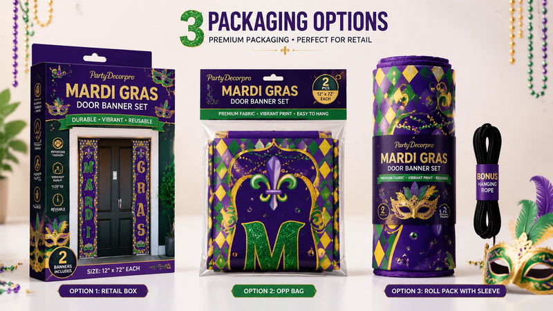 Festive Mardi Gras door banner packaging examples showing varied styles and premium materials for wholesale