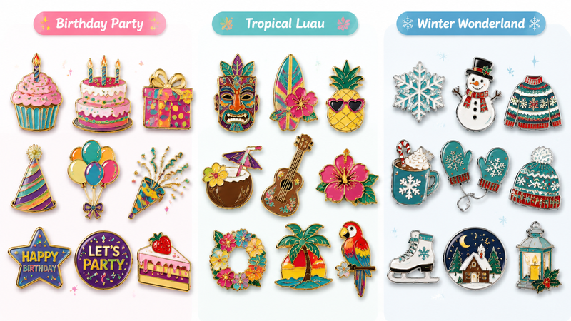 Mardi Gras themed enamel pins collection featuring multiple festival designs in vibrant colors, suitable for party decoration and wholesale customization