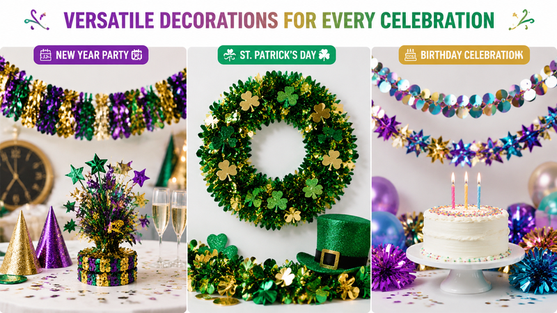 Mardi Gras metallic tinsel garland with purple green gold sequins for carnival party decoration wholesale supply