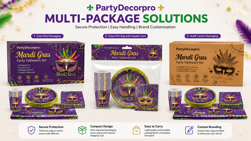 Custom Mardi Gras party tableware packaging solutions with color box, PVC bag and kraft carton options for wholesale suppliers