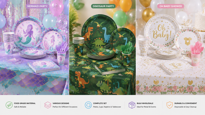 Custom Mardi Gras themed disposable party tableware set with plates cups napkins and tablecloth
