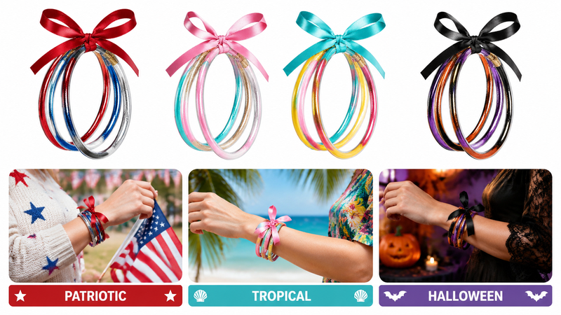 Mardi Gras ribbon bow bracelets with colorful bangles party jewelry wholesale customizable festive wrist accessories set