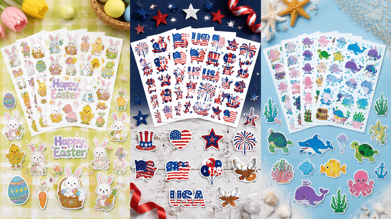 Mardi Gras themed sticker sheets featuring colorful masks, crowns and party icons in a vibrant collage layout