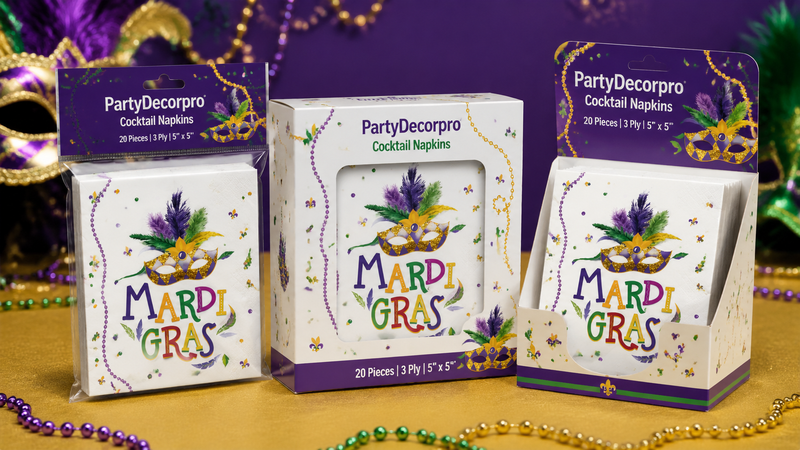 Mardi Gras cocktail napkin packaging mockups in bag box and display box formats with colorful festival themed design wholesale