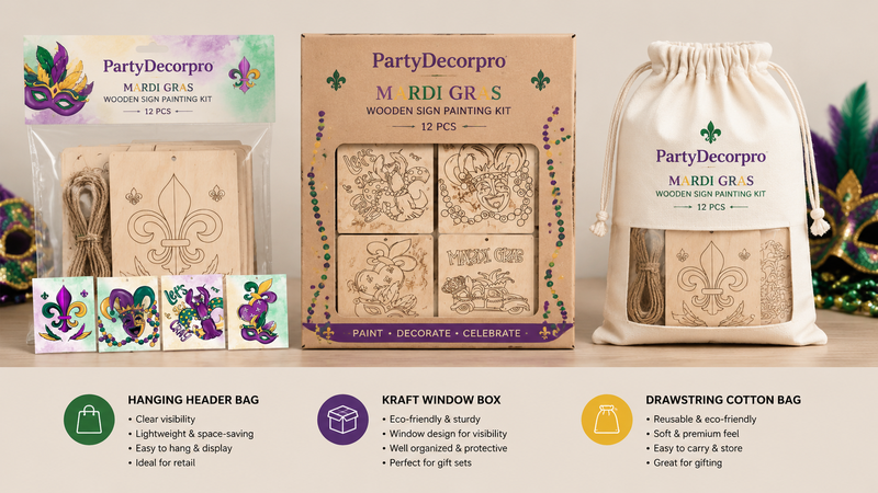 Mardi Gras wooden craft kit packaging hanging bag window box drawstring pouch display options