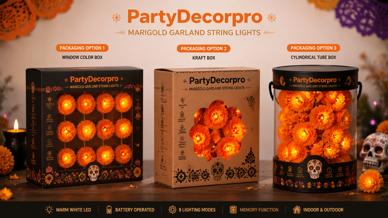 Marigold garland string lights packaging options showing window box kraft box and cylindrical tube box with festive floral design