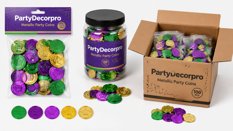 Packaging concepts for metallic party coins including pouch, jar, and box bulk supply options