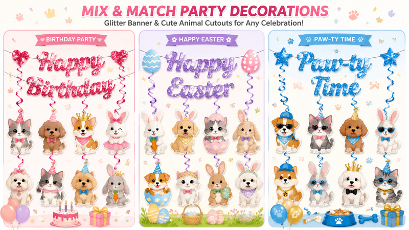 Cat, bunny, and dog party banners with glitter text and cute animal cutouts for birthday and celebration.