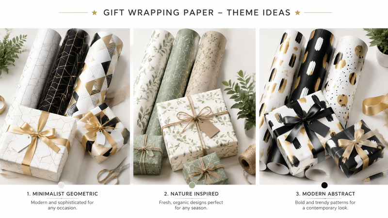Three modern gift wrapping paper designs featuring black and gold stars, geometric shapes, and abstract wave patterns on premium rolls, clean white background product showcase