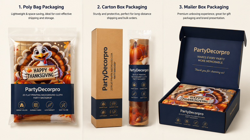 Custom fabric banner packaging including poly bag, color box, and gift unboxing box options for branding and retail display.