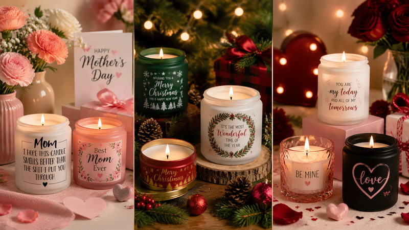 Triptych display of customizable scented candles featuring Mother’s Day, Christmas, and Valentine’s Day themed packaging designs in cozy lifestyle settings