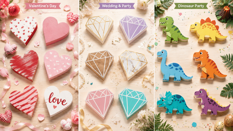 Top view of multi theme DIY wooden painting craft kits including Thanksgiving Valentine and Easter cutout boards with paint pots on wooden table