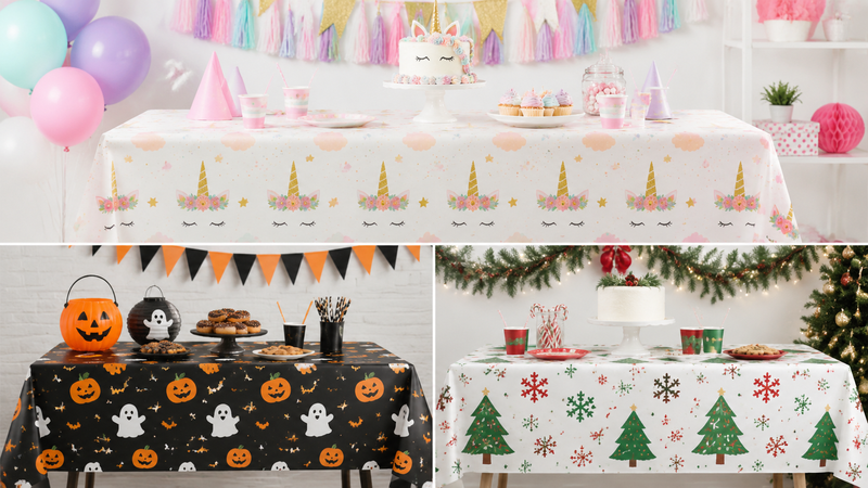 Disposable party tablecloth collage featuring unicorn, Halloween and Christmas themed birthday party setups for wholesale supply
