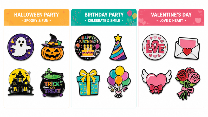 Three themed enamel pin collections featuring Halloween, Birthday and Valentine designs in vibrant colors for wholesale customization