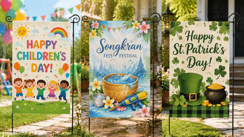 Three seasonal garden flags design featuring Children's Day, Songkran Festival and St Patrick’s Day themed outdoor decorative flags