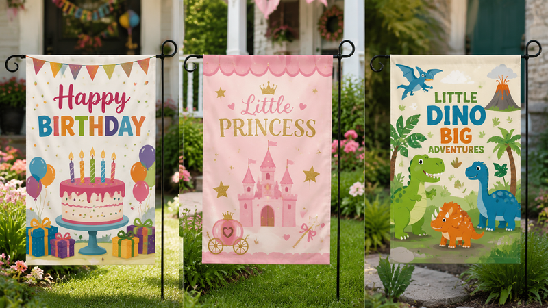 Three decorative garden flags featuring birthday, princess and dinosaur themed designs displayed on outdoor yard flag stands