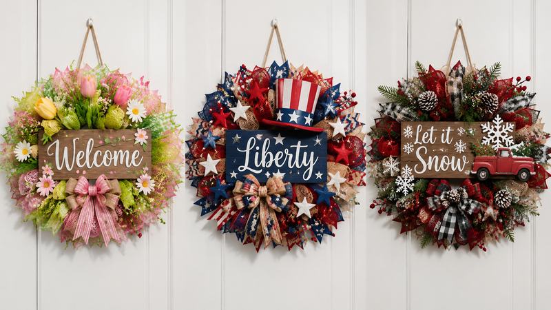 Three themed autumn wreath designs featuring fall, patriotic, and winter holiday styles in a single 16:9 composite product display for wholesale decoration use