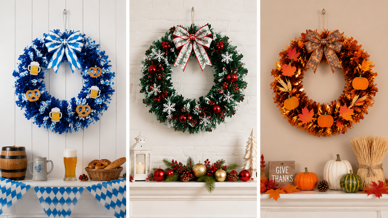 Seasonal tinsel wreath decorations including Halloween Christmas and Thanksgiving themed wreaths displayed as festive wall decor