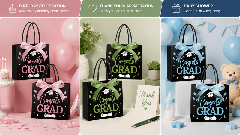 Customizable graduation and celebration gift bags with pastel themes for birthdays, thank-you, and baby showers.