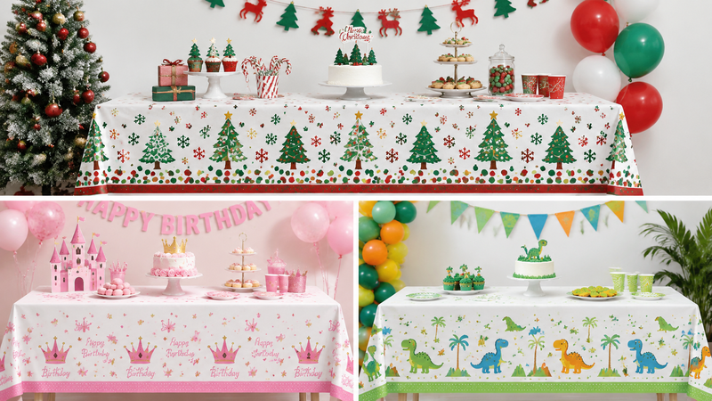 Factory inspection of disposable polka dot birthday tablecloth being quality checked in industrial production
