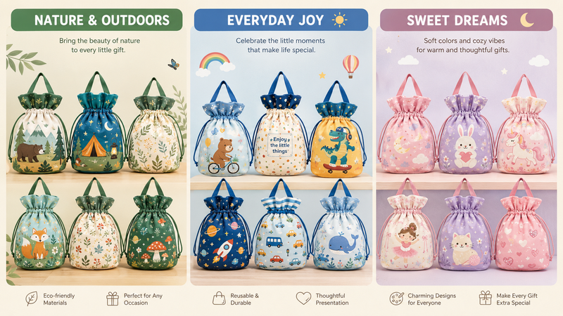 Customizable drawstring gift bags in multiple themes, eco-friendly, durable, playful designs