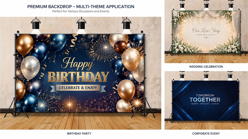 Multi-theme event backdrops showcasing birthday, wedding, and corporate designs in a professional studio setup.