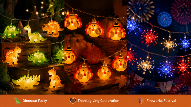 LED pumpkin string lights with three themed variations including dinosaur party lights, Thanksgiving turkey style lights, and fireworks-inspired festival string lights collage