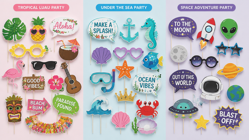 Three themed party photo props sets including tropical luau, under the sea and space adventure arranged in a clean 16:9 catalog layout