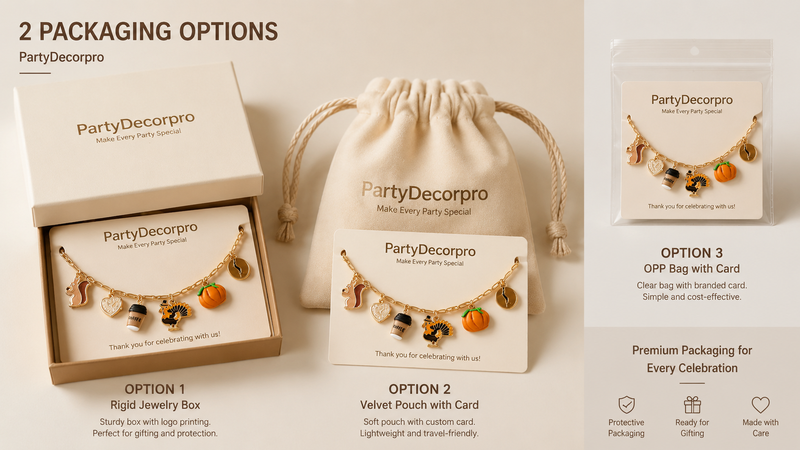 Necklace packaging options including rigid box, velvet pouch, and OPP bag with card, customizable branding design
