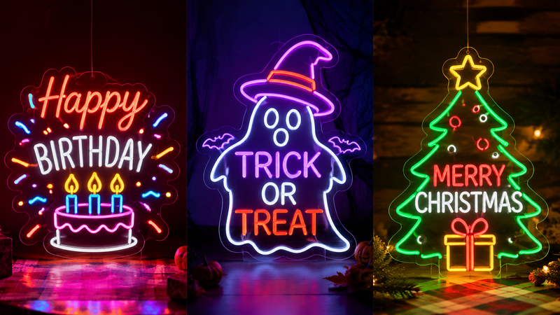 Three neon sign designs for birthday Halloween Christmas themed party lighting display