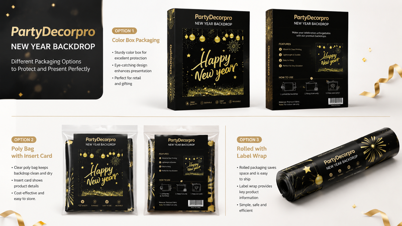 New Year backdrop packaging options showing color box, poly bag, and rolled tube for wholesale and custom branding