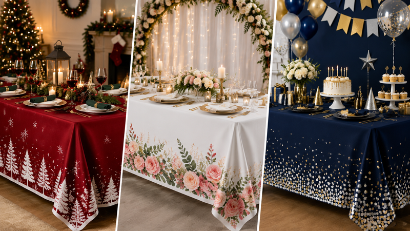 Custom polyester rectangular tablecloths in multiple colors for wedding party and event decoration