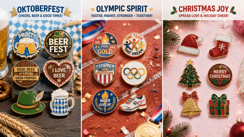 Three themed enamel pin collections featuring Oktoberfest Olympic and Christmas designs displayed in a three panel festive collage