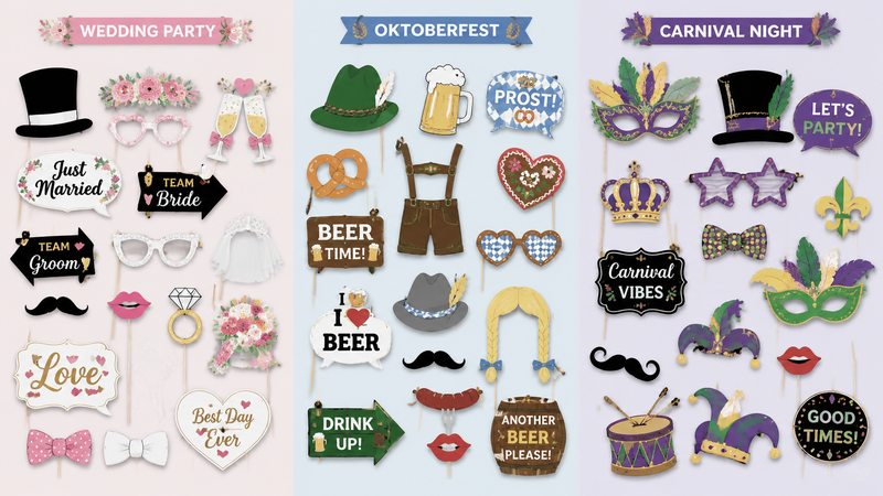 Multi-theme party photo booth props set featuring wedding, Oktoberfest and carnival night designs in a clean catalog layout