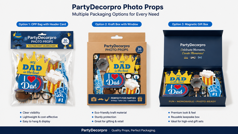 Three packaging options for festive party props including poly bag, kraft window box and magnetic gift box in a clean product layout