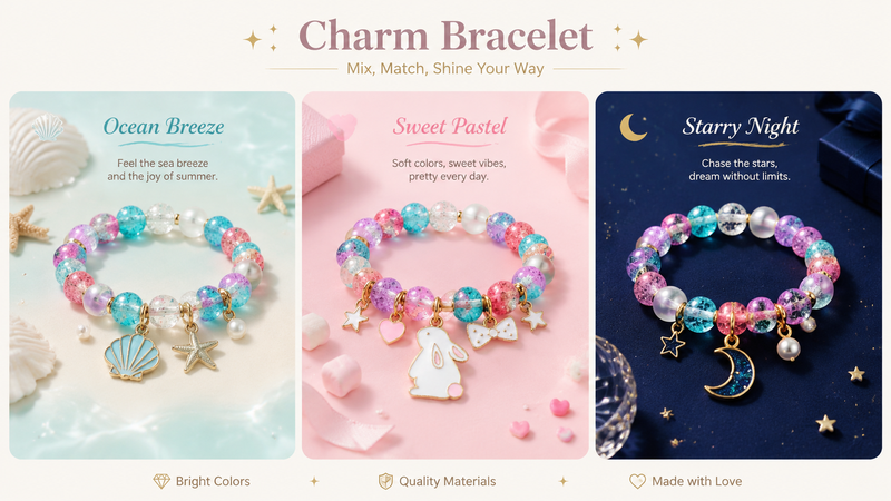 Colorful beaded charm bracelet with bunny and mixed pastel beads product display