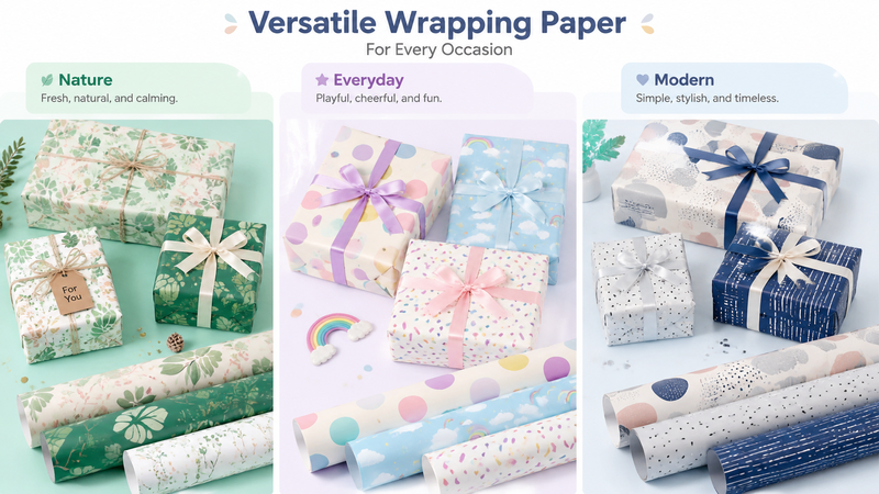 Easter themed wrapping paper rolls with bunny, egg and floral patterns in pastel colors, decorative gift wrap set