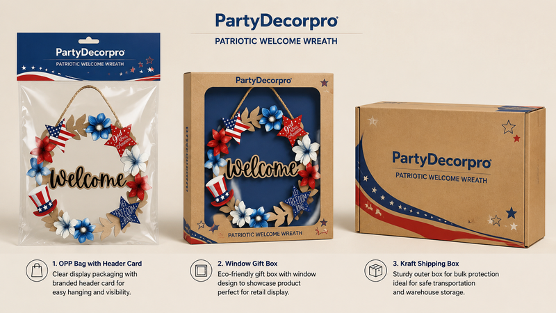 Custom packaging solutions for patriotic welcome wreath with clear bag, window gift box and kraft carton options