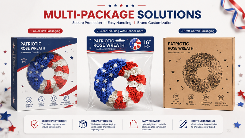 Custom patriotic wreath packaging solutions with color box, PVC bag and kraft carton options for seasonal decoration suppliers
